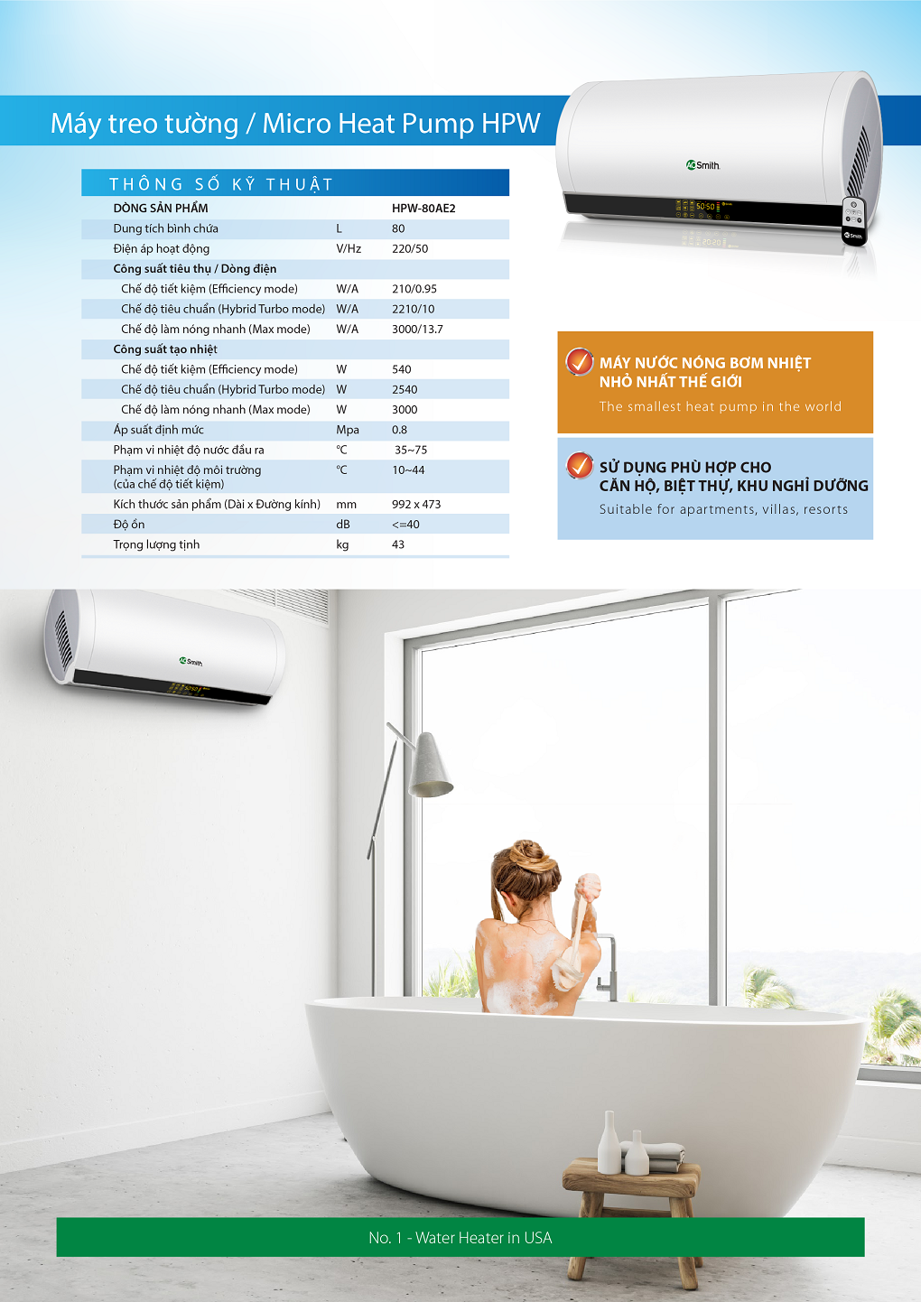 Máy nước nóng bơm nhiệt treo tường A. O. Smith HPW
